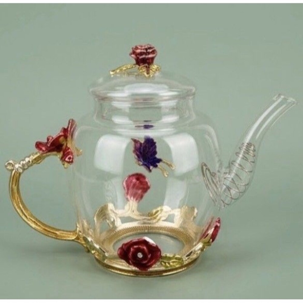 YBK Tech Enamel Glass Teapot Red Rose Butterfly Floral Teakettle Clear Glass